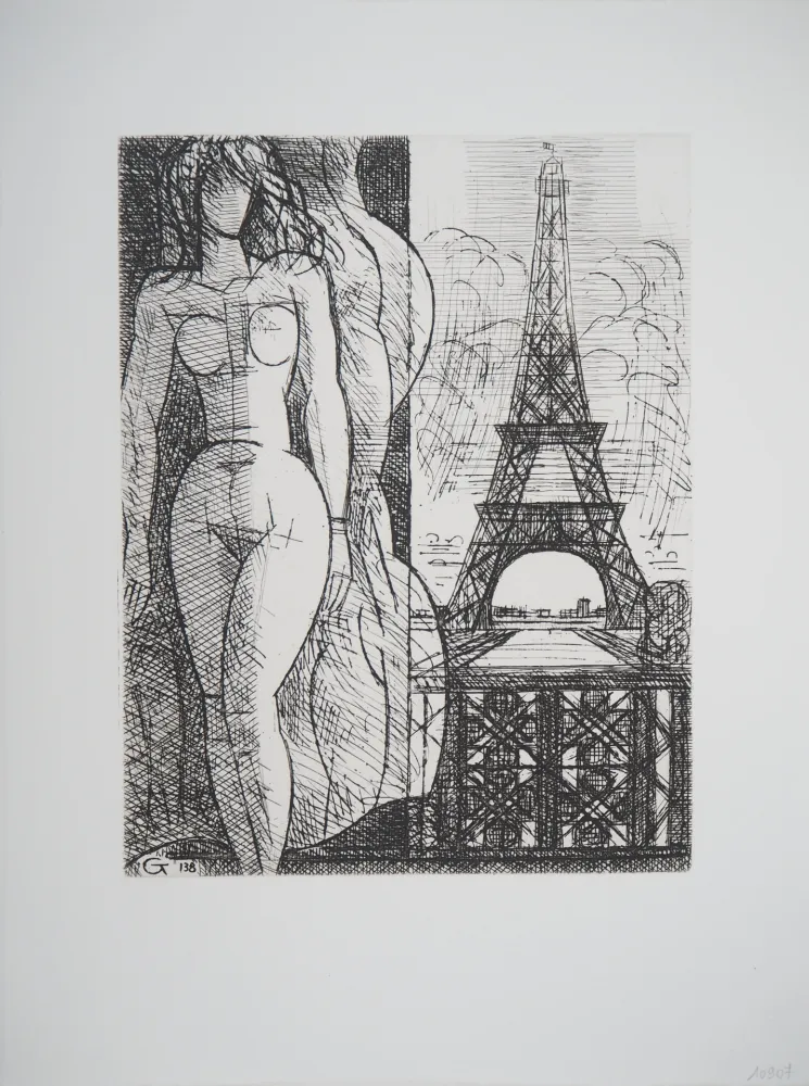 Etching Gromaire - Nu à la Tour Eiffel