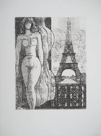 Etching Gromaire - Nu à la Tour Eiffel