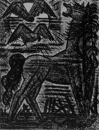 Engraving Gromaire - Présage, cheval noir, et oiseaux de nuit