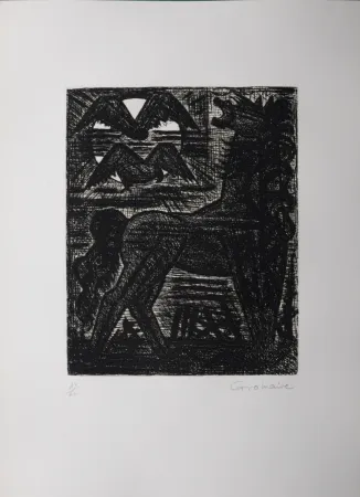 Engraving Gromaire - Présages, cheval noir et oiseaux de nuit, 1958