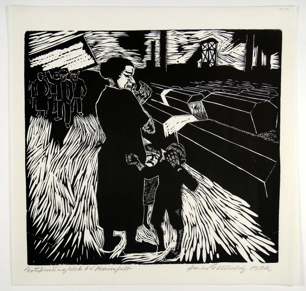 Woodcut Grundig - Grubenunglück bei Mansfeld (Mining accident near Mansfeld)