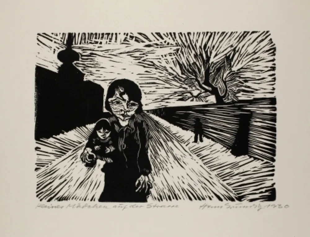 Woodcut Grundig - Kleines Mädchen auf der Straße (Young Girl in the Street)
