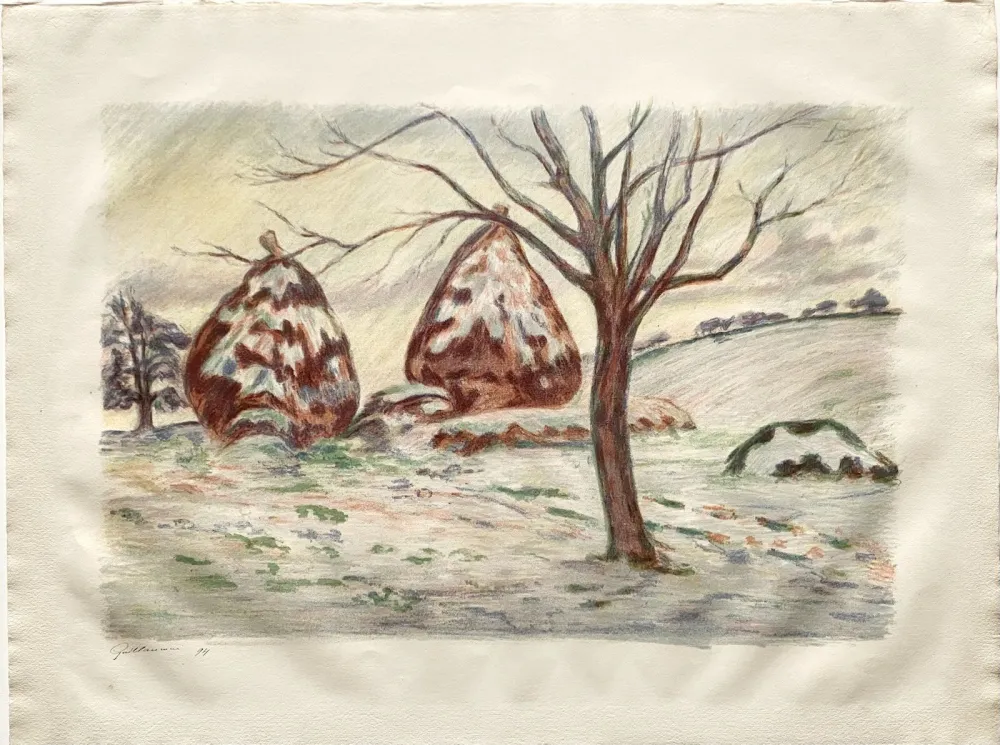 Lithograph Guillaumin - Les Meules en hiver à Palaiseau