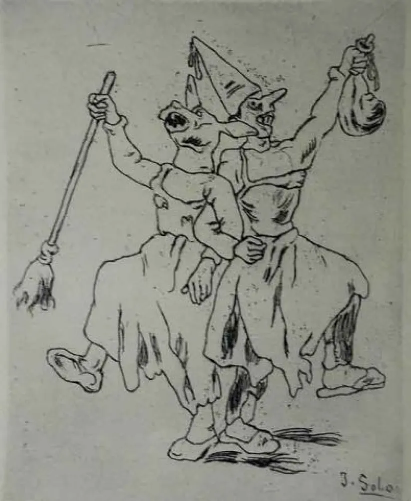 Engraving Gutiérrez Solana  - Máscaras bailando cogidas