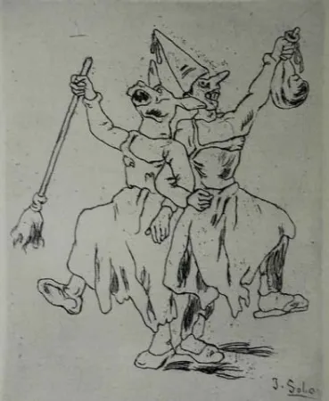 Engraving Gutiérrez Solana  - Máscaras bailando cogidas