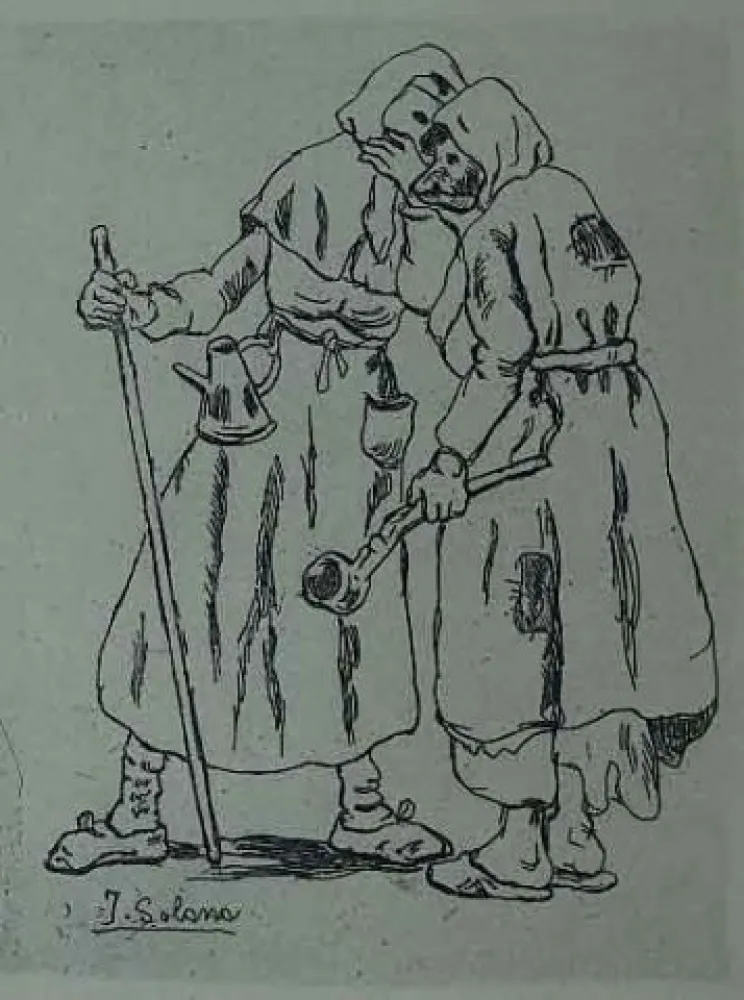 Engraving Gutiérrez Solana  - Máscaras hablándose al oido