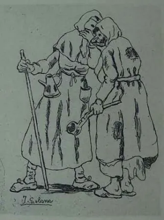 Engraving Gutiérrez Solana  - Máscaras hablándose al oido