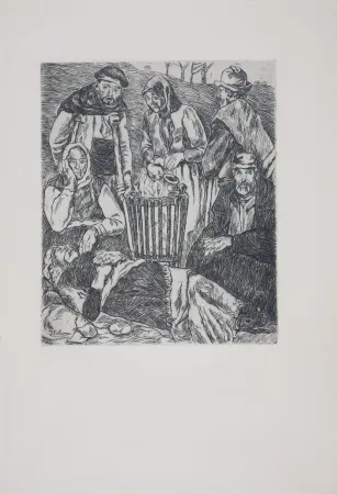 Engraving Gutiérrez Solana  - Mendigos calentándose