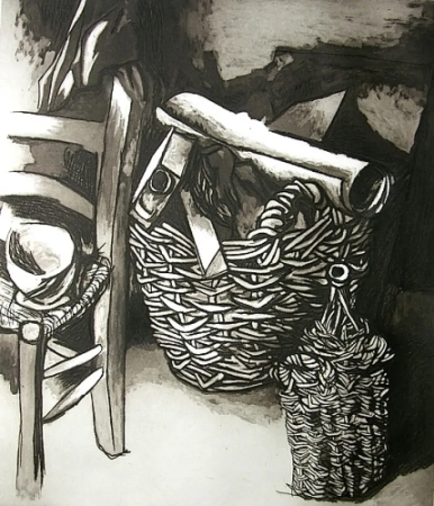Etching And Aquatint Guttuso - Natura morta con sedia, cestino e fiasco