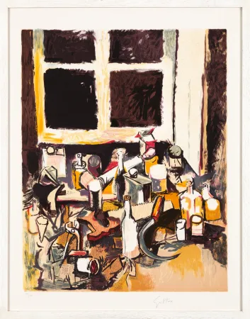 Lithograph Guttuso - Oggetti sul tavolo e finestra di sera