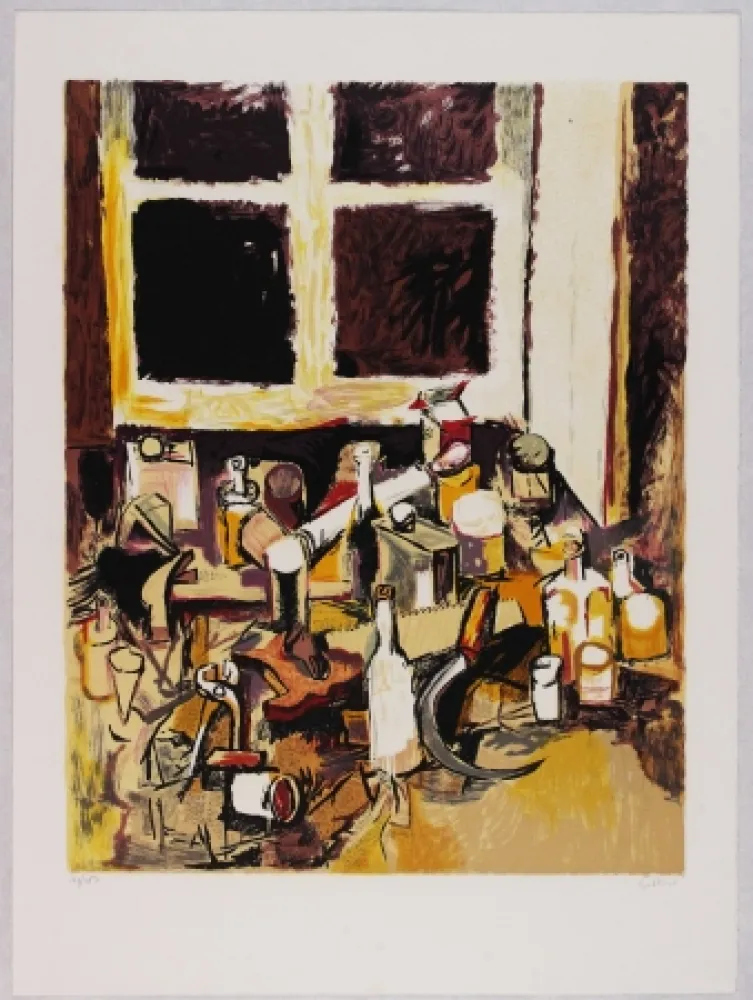 Lithograph Guttuso - Oggetti sul tavolo e finestra di sera