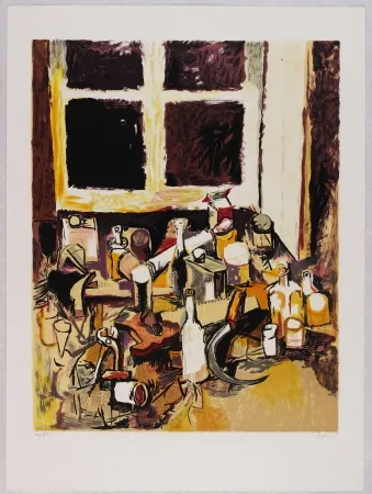Lithograph Guttuso - Oggetti sul tavolo e finestra di sera
