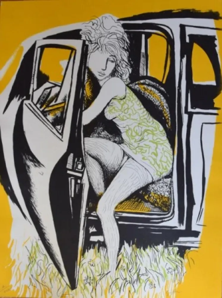 Lithograph Guttuso - Ragazza che scende dall'auto