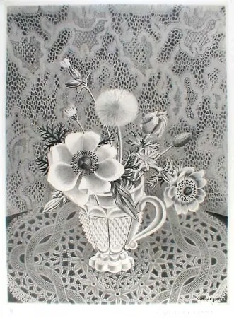 Etching And Aquatint Hasegawa - Anémonés et fleurs de champs dans un verre a facettes / Bouquet sur fond de dentelle