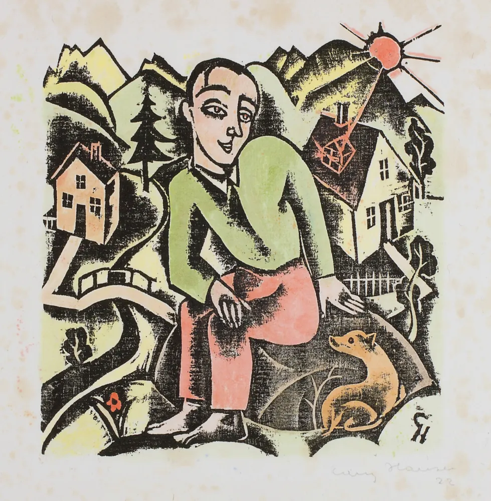 Woodcut Hauser - Friedliche Landschaft 