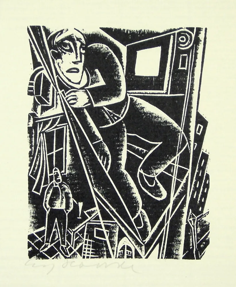 Woodcut Hauser - Im Aufzug (In the elevator)