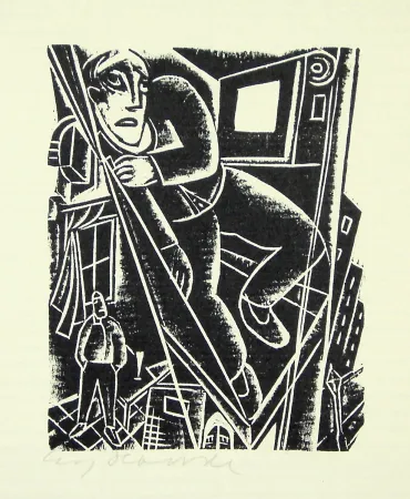 Woodcut Hauser - Im Aufzug (In the elevator)