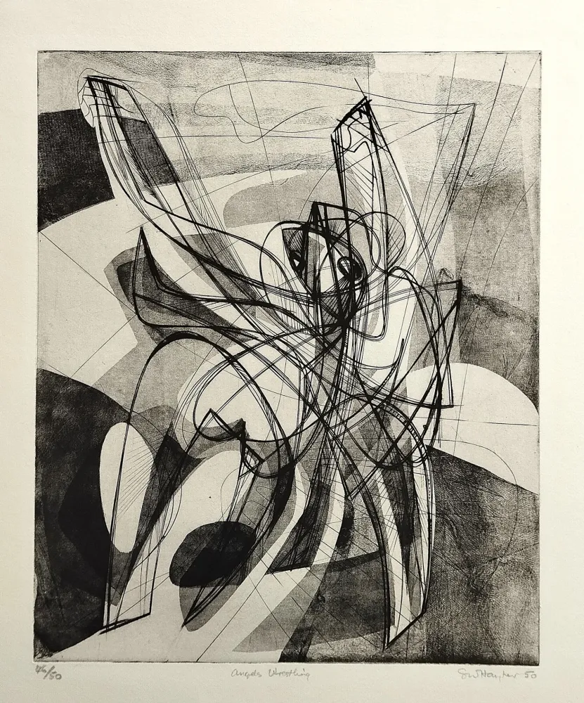 Engraving Hayter - Angels wrestling