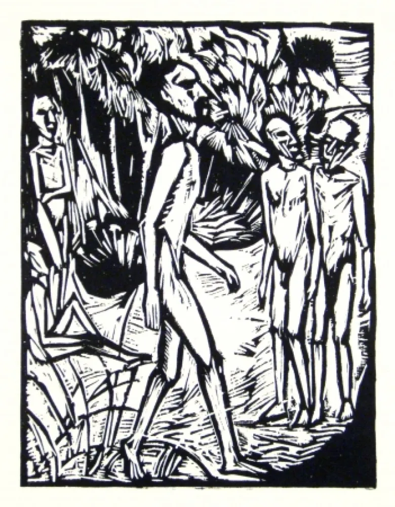 Woodcut Heckel - Männer am Strand (Men at the beach)