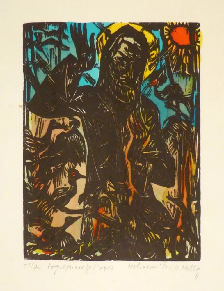 Woodcut Helbig - Vogelpredigt. 