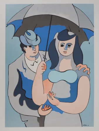 Lithograph Helion - Couple sous un parapluie