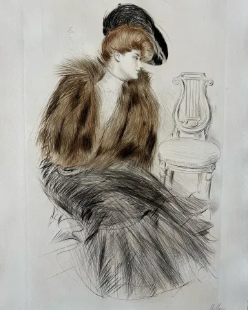 Engraving Helleu - Jeune Femme au Manteau de Fourrure (