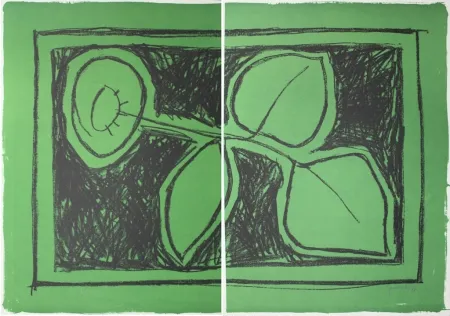 Lithograph Hernandez Pijuan - Flor sobre verd / Flower on Green