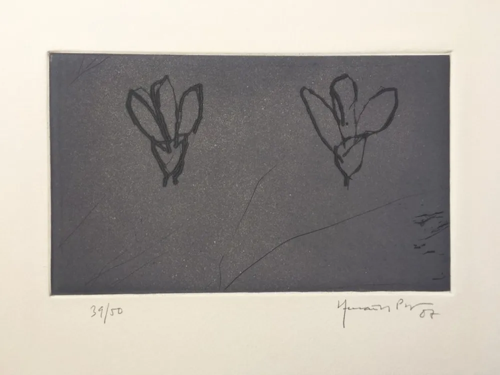 Etching Hernandez Pijuan - Flores sobre gris
