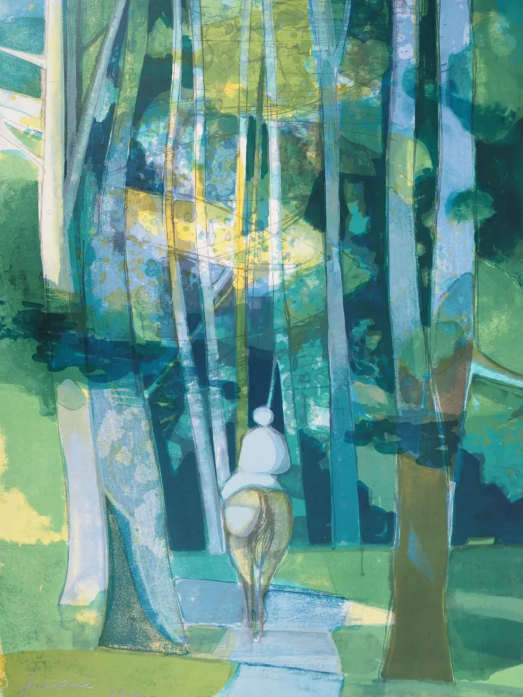 Lithograph Hilaire - Cavalier entrant dans la forêt