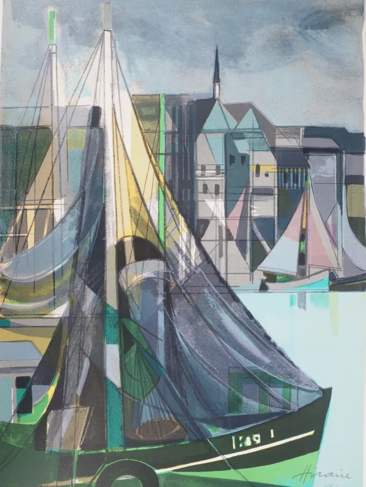 Lithograph Hilaire - Normandie, Voiliers à Honfleur