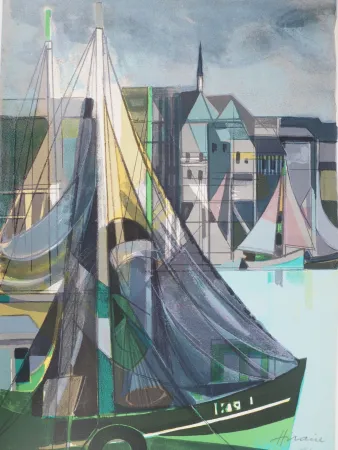Lithograph Hilaire - Normandie, Voiliers à Honfleur