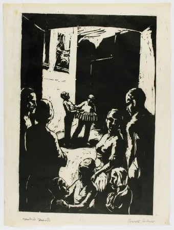 Woodcut Hilmer - Straßenmusikanten (Street musicians)