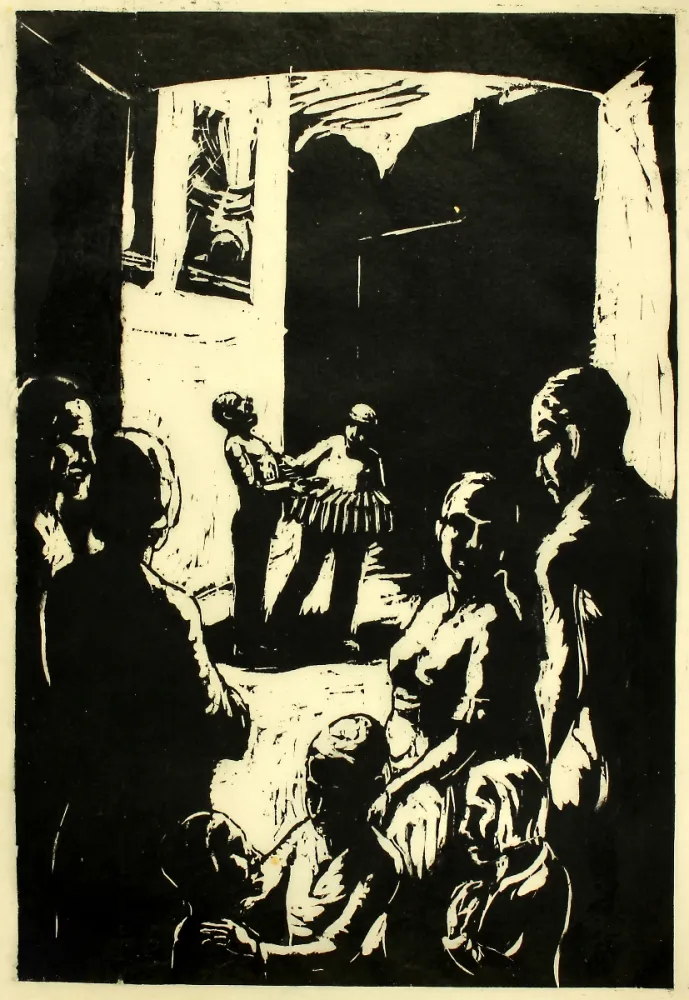 Woodcut Hilmer - Straßenmusikanten (Street musicians)