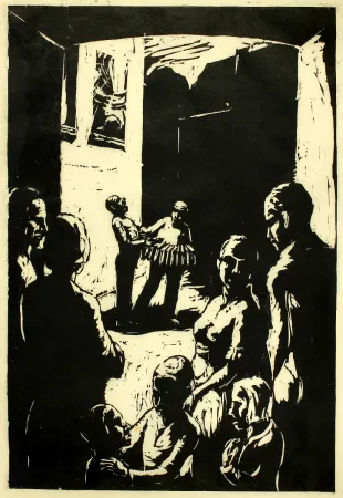 Woodcut Hilmer - Straßenmusikanten (Street musicians)