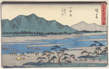 Woodcut Hiroshige - Odawara : le traversée de la rivière Sakawa