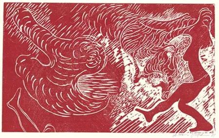 Linocut Höckelmann - Surferin (Rot)