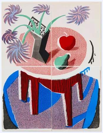 No Technical Hockney -  Flowers, Apple and Pear on a Table