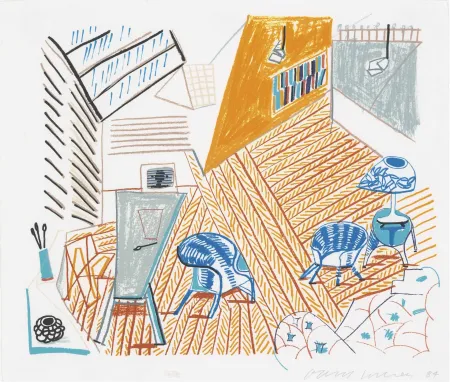 Lithograph Hockney - Pembroke Studio with Blue Chairs and Lamp from The Moving Focus Series