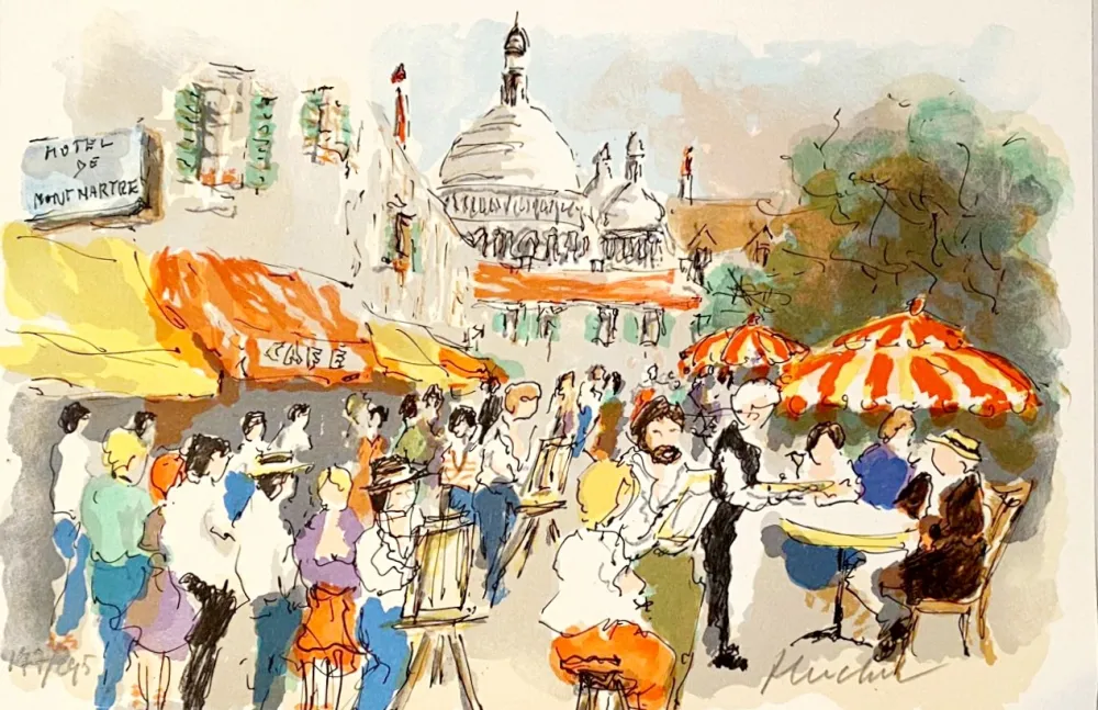 Lithograph Huchet - Montmartre: Place du Tertre et Sacré-Cœur,