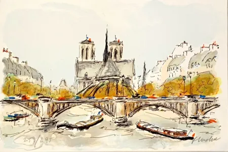 Lithograph Huchet - Seine et Notre-Dame de Paris