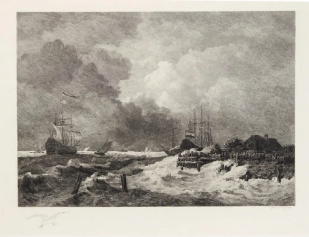 Etching Huet - La tempête (The Storm) [with] Brisants, Granville (Breakers, Granville)