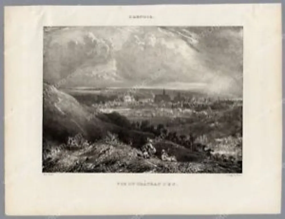 Lithograph Huet - Vue du Château d'Eu