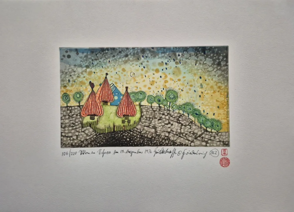Etching And Aquatint Hundertwasser - Hide Under the Meadow It Begins to Rain