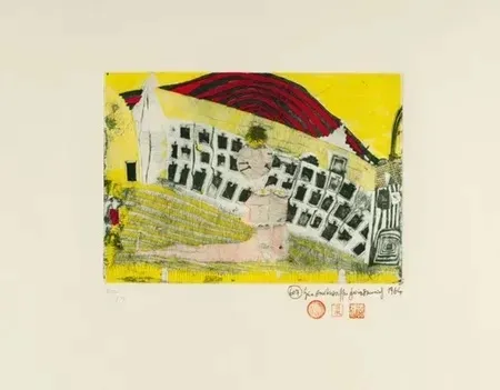 Etching Hundertwasser - Madchenfun in grass (1964)