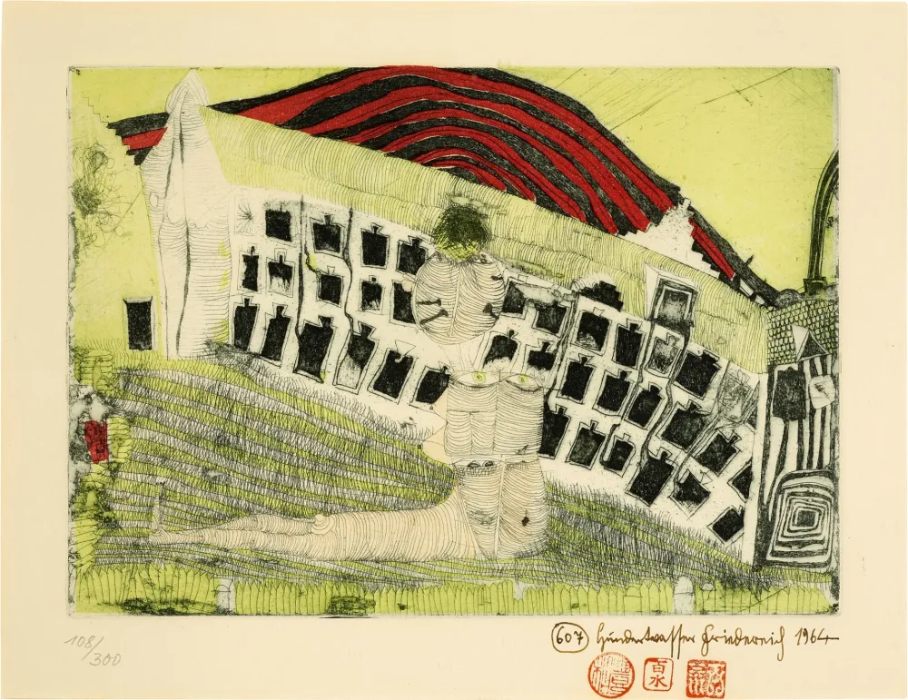 Lithograph Hundertwasser - Mädchenfund im Gras (Girl found in the Grass)