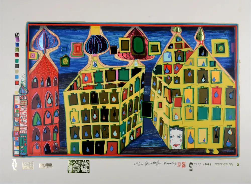 Screenprint Hundertwasser - Mit der Liebe warten tut weh, wenn die Liebe woanders ist, Plate 3, 1970-72