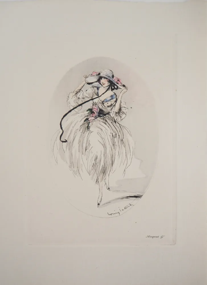 Etching Icart - Jeune femme au chapeau paré de roses