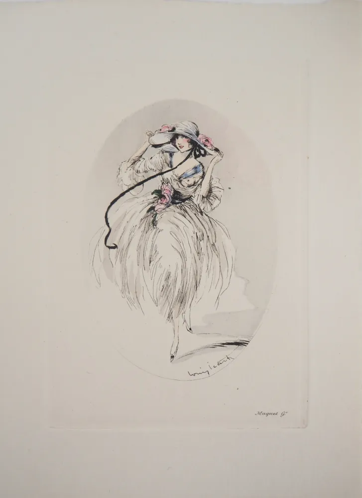 Etching Icart - Jeune femme au chapeau paré de roses