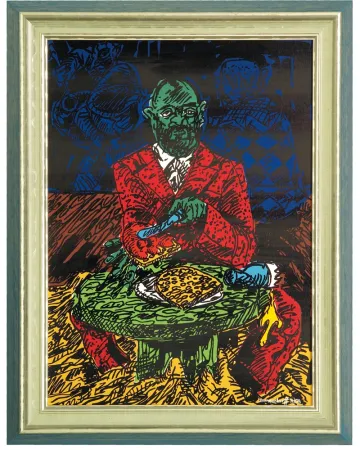 Linocut Immendorff - Baselitzfrühstück, 1991/03