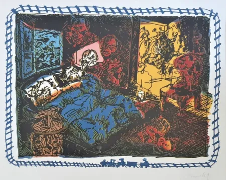 Linocut Immendorff - Surrealistisches Tribunal